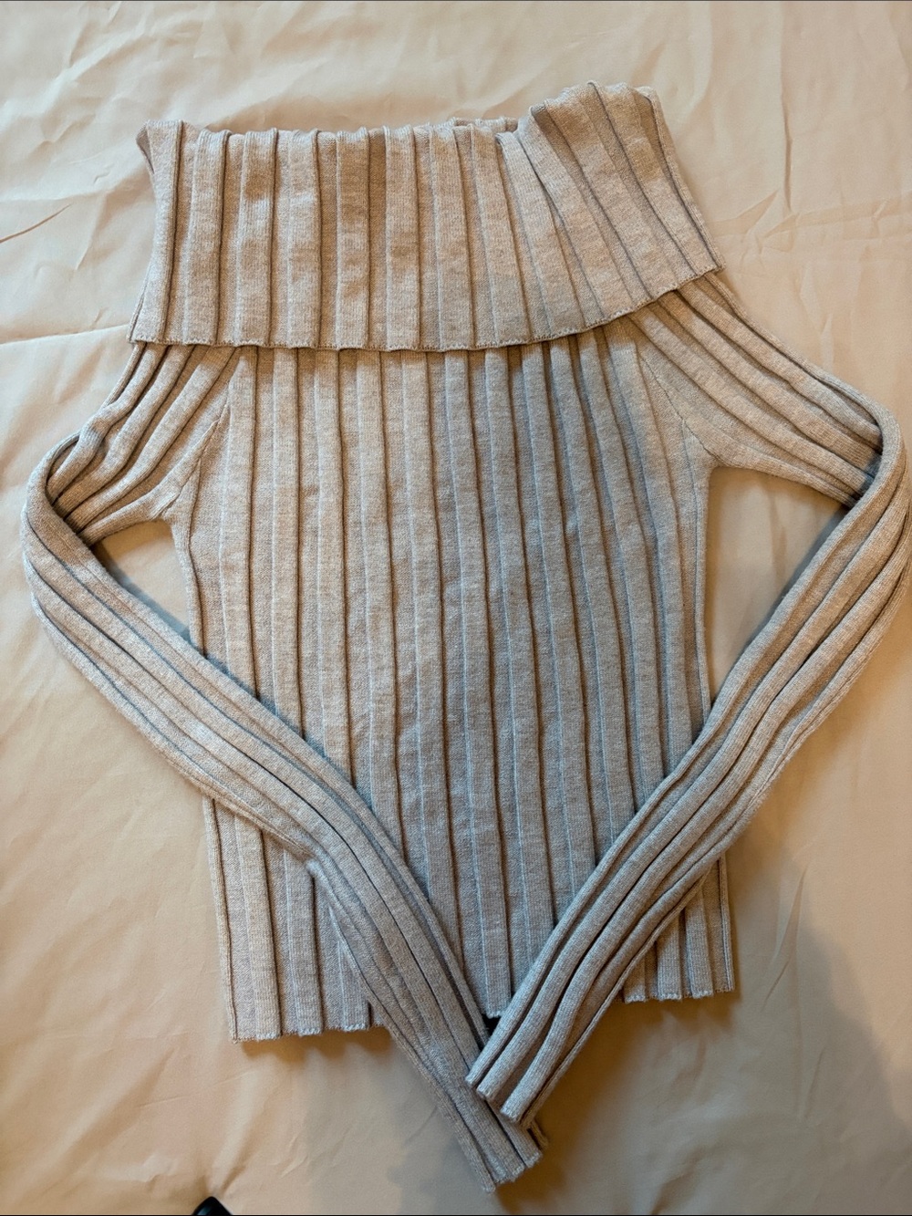 Emerson Lang Ribbed Off-Shoulder One-Piece sweater in Light Beige/ Grey